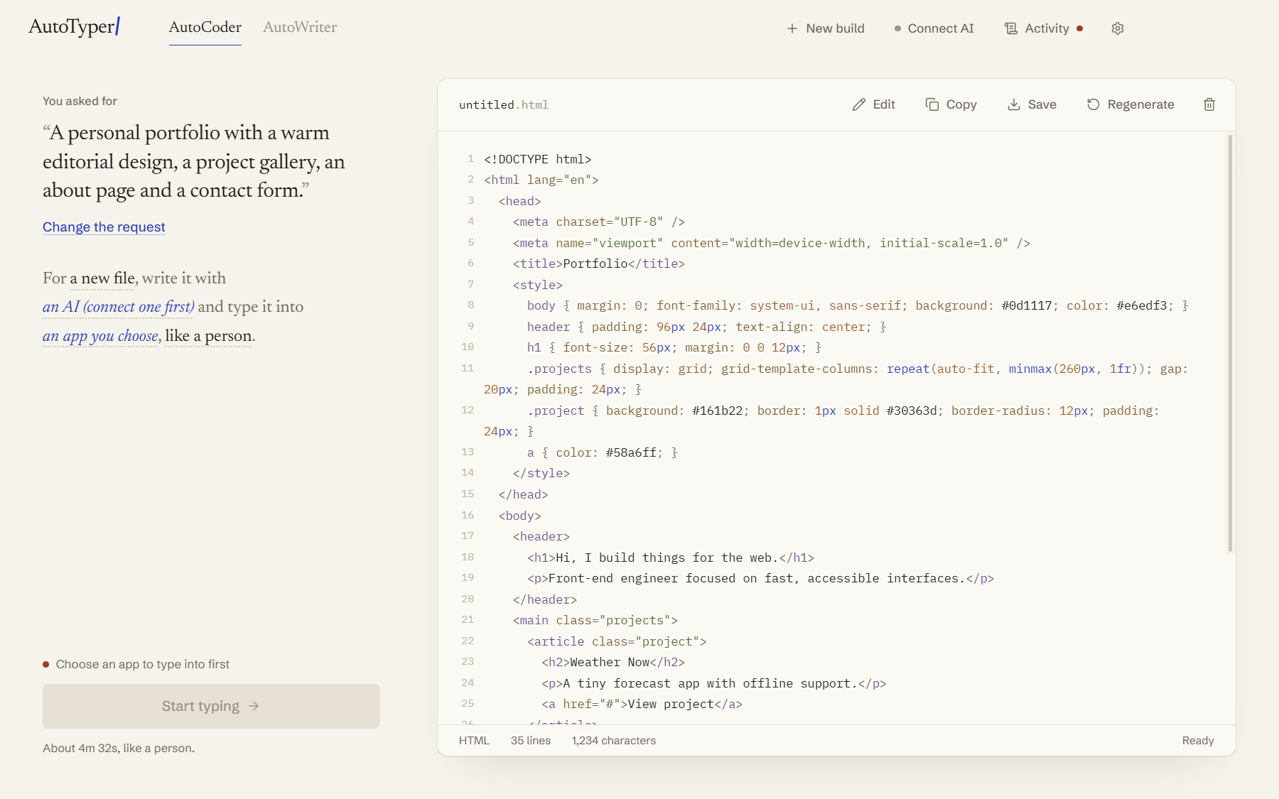 AutoCoder with generated HTML ready to type