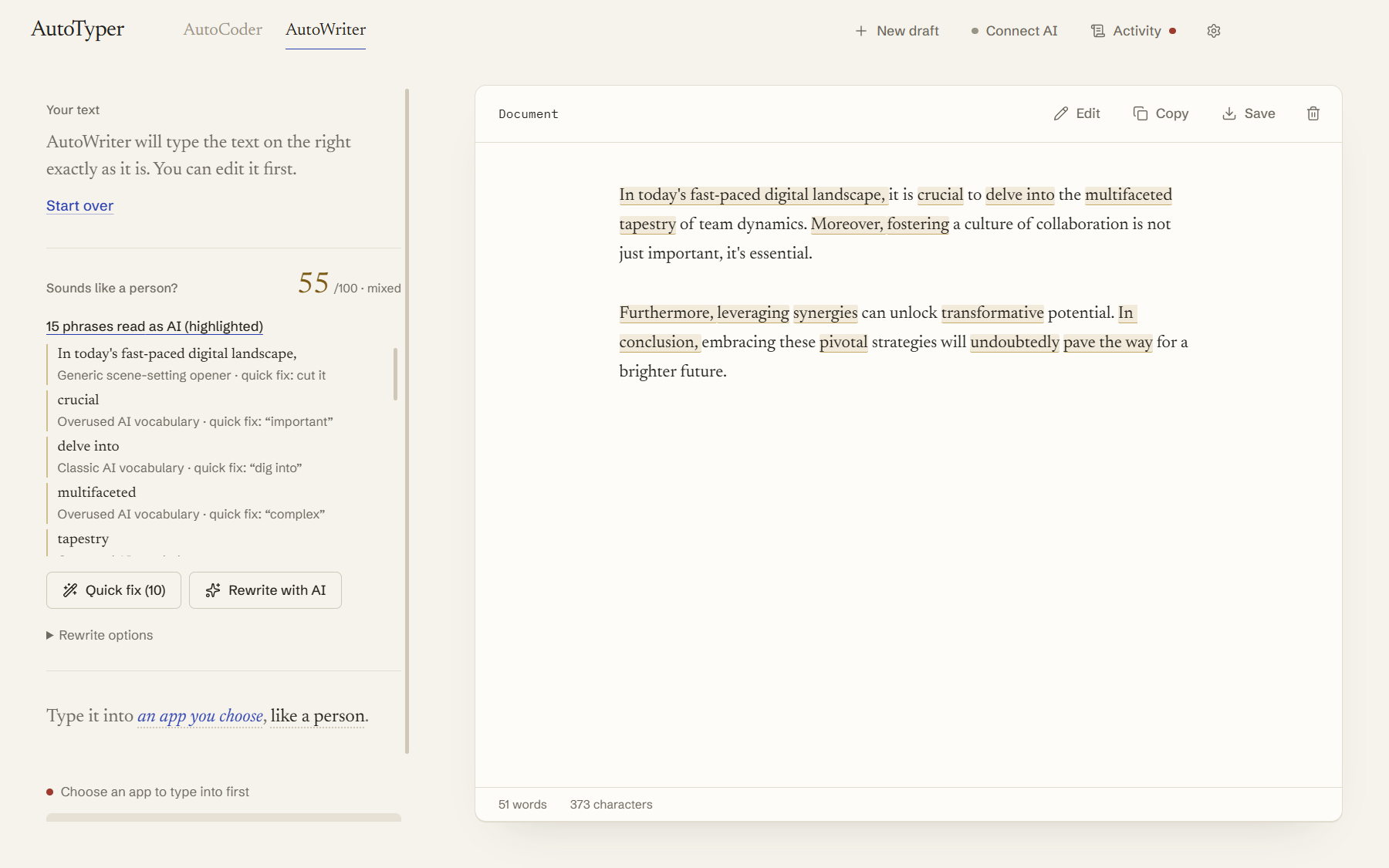 AutoWriter highlighting phrases that read as AI